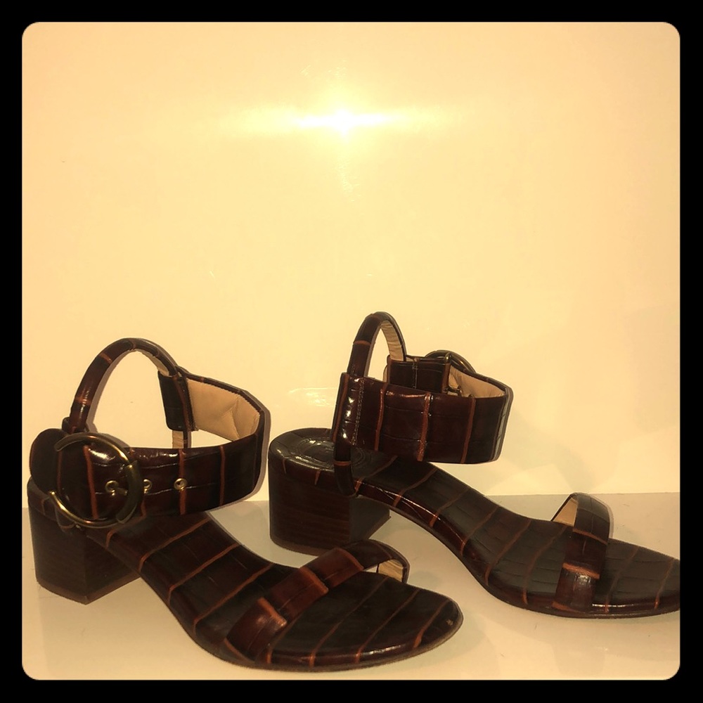 Chloé stack heel strappy sandals with gold buckle